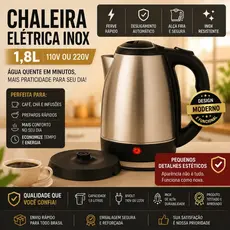Chaleira Elétrica Inox 1,8L 110V ou 220V Outlet com Pequenos Detalhes Estéticos