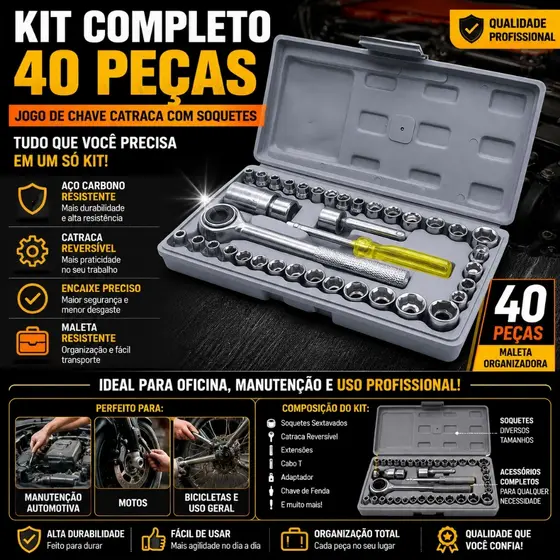 Kit Chave Catraca Com Soquetes 40 Peças Ferramentas Completo