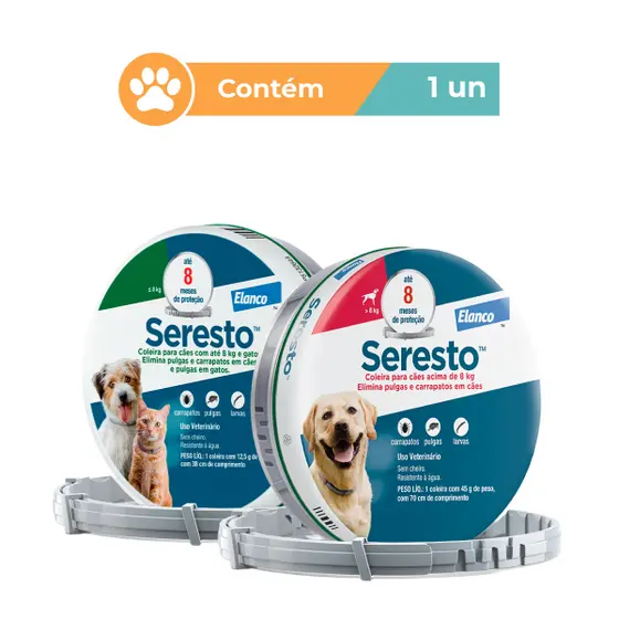 Coleira Antipulgas Seresto para Cães Até 8kg ou Acima de 8kg Proteção por 8 Meses