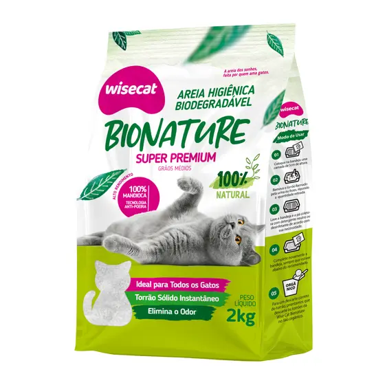 Wisecat - Areia Higiênica Bionature (Verde) - Biodegradável - Tradicional - Super Premium - 2 Kg