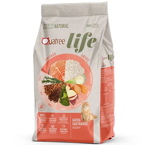 Ração Quatree Life Salmão e Arroz para Gatos Castrados - 10kg