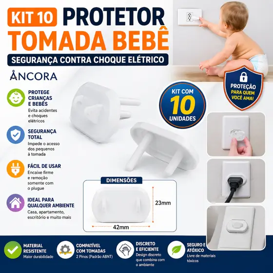 Kit 10 Protetor Tomada Bebê Segurança Contra Choque Elétrico - Ancora