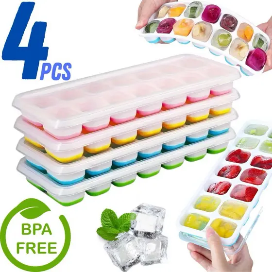 Kit 4 Formas De Gelo Cubo Com Tampa Rígida Flexível Fundo Silicone Multiuso Lavável