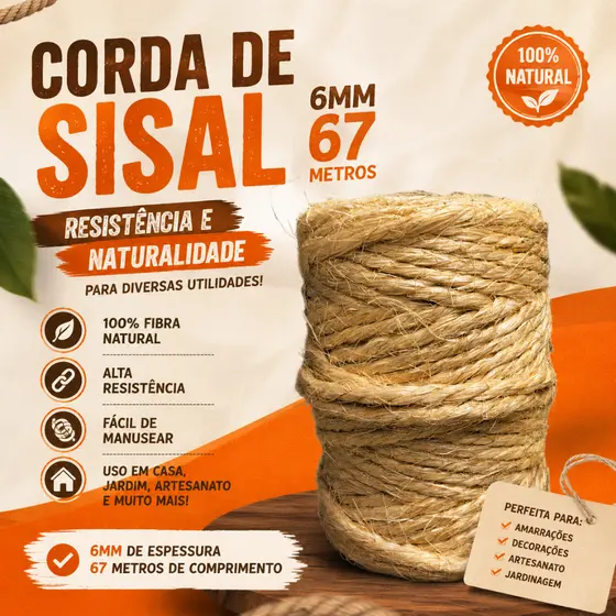 Corda de Sisal 6mm 67 Metros Natural Alta Qualidade Artesanato Decorações