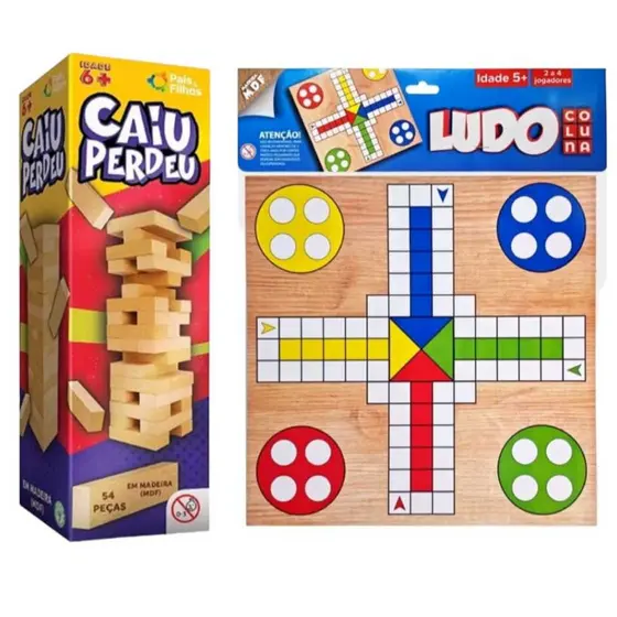 Kit Caiu Perdeu Torre Madeira + Jogo de Tabuleiro Ludo MDF - Diversão Garantida