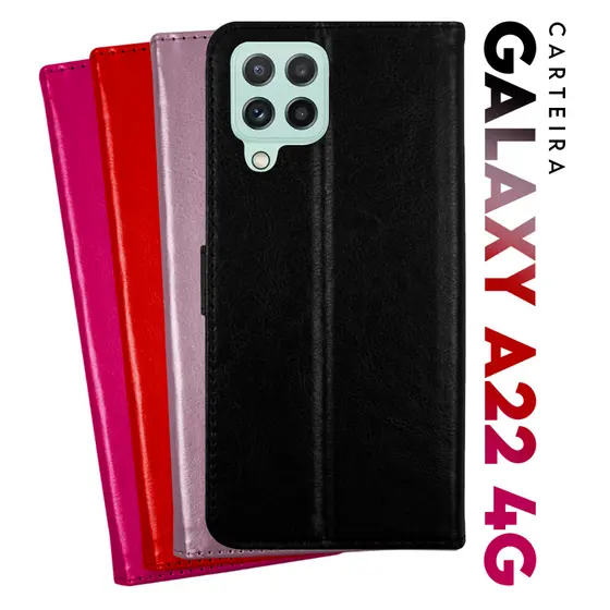 Capa Case Capinha Carteira Flip Cover Couro Sintético PRETA Para Samsung Galaxy A22 4g A225 tela 6.4 Cell in Power25