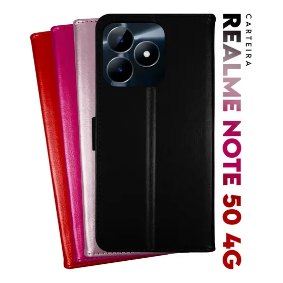 Capa Case Capinha Carteira Flip Cover Couro Sintético PRETA Para Realme Note 50 4g tela 6.74 Cell in Power25