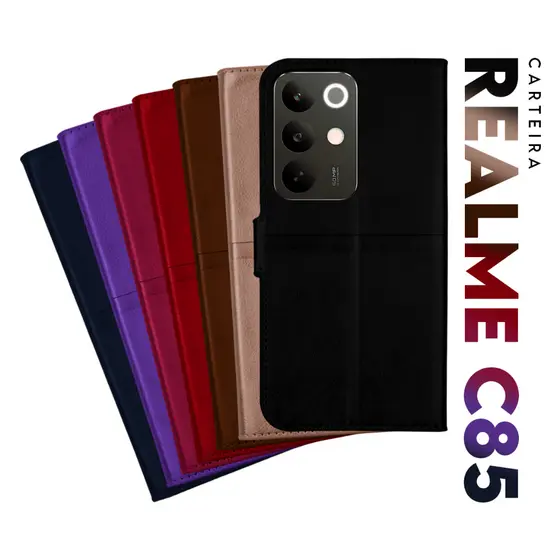 Capa Capinha Case Flip Carteira Couro Sintético PRETA para Realme C85 5g tela 6.8 pol Cell in Power25
