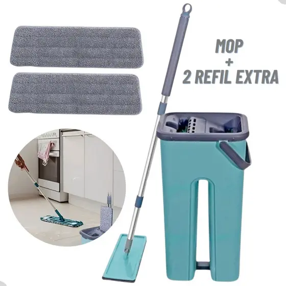 Mop Flat Esfregão Com Balde Rodo Mágico Lava Seca Tira Pó + 2 Refil