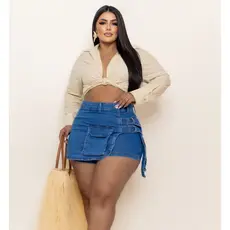 Short saia jeans preto e azul plus size tamanho grande premium denim