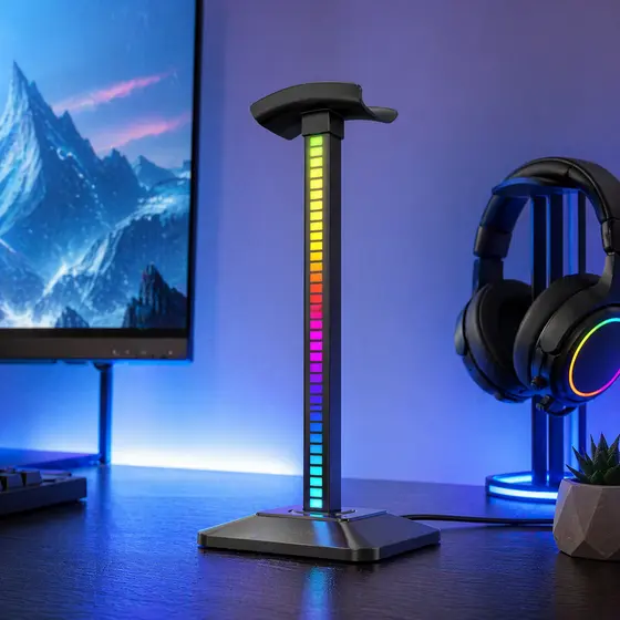 Suporte de Mesa para Headphone com Luz Ambiente RGB ao Som 10 Modos LED para PC Notebook LE-198