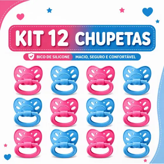 Kit 12 Chupetas Baratas Bico de Silicone Orto ou Redondo Fase 2
