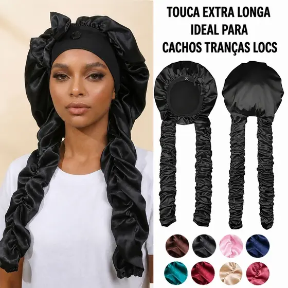 Gorro De Cabelo Extra Longo De Cetim , Botão Elástico Largo , Touca De Dormir , Tubo Scrunchie , Envoltório Para Cabelos