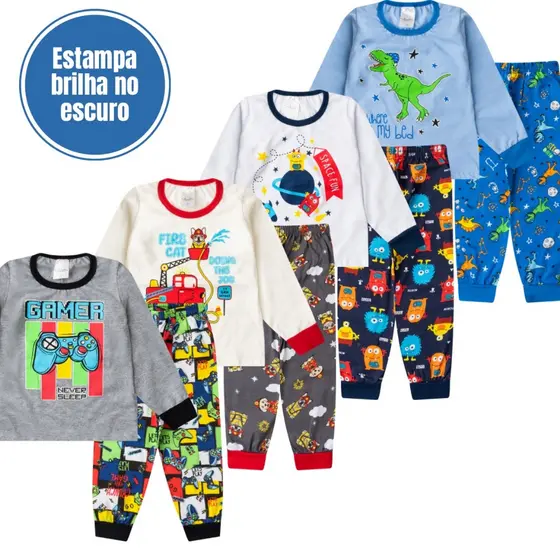 Lote 4 Conjuntos Pijama Infantil Menino Inverno Manga Longa