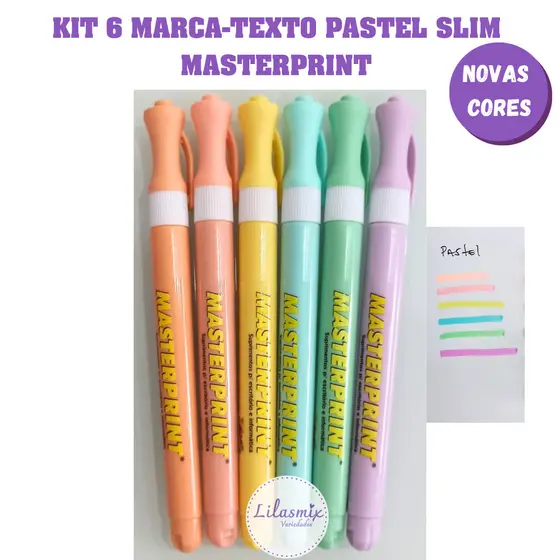 Kit 6 Canetas Marca-texto Slim Pastel Masterprint Estudo Escritório Universitário Escolar