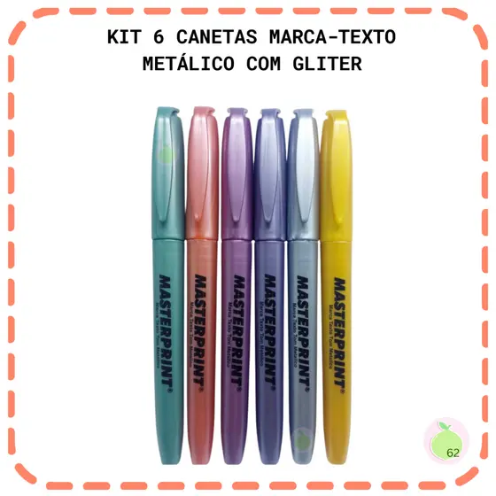 Kit 6 Marca Texto Metálico com Glitter Grifa Texto Estudo Escolar Escritório Universitário Brilhante Masterprint