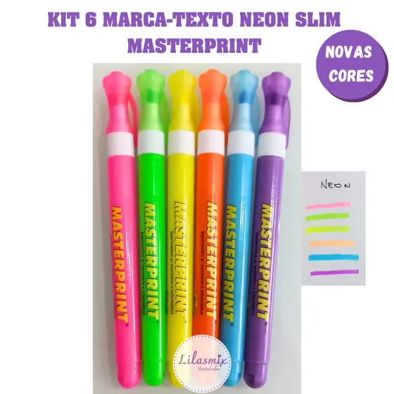 Kit 6 Canetas Marca-texto Slim Neon Masterprint Estudo Escritório Universitário Escolar Diversas Cores