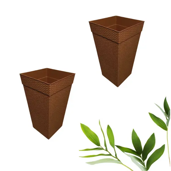 Kit 2 Vaso Quadrado Rattan Para Flores e Plantas - 10 Litros Marron