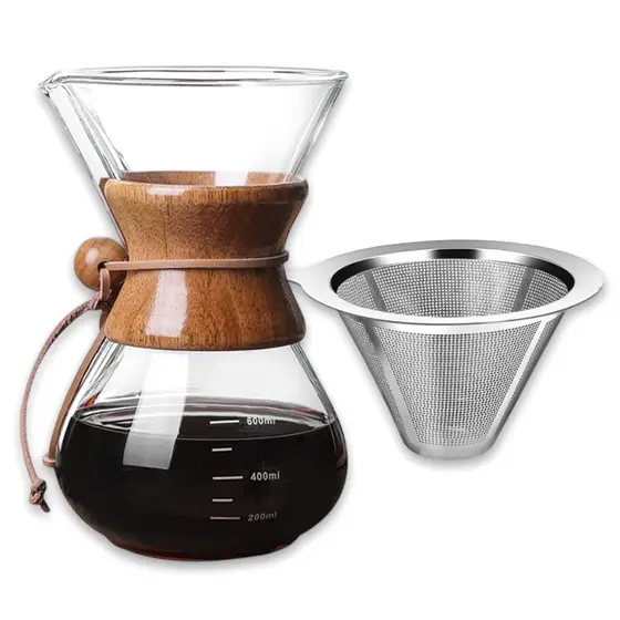 Passador De Café Vidro E Coador Inox 400ml Alça Madeira Estilo Chemex