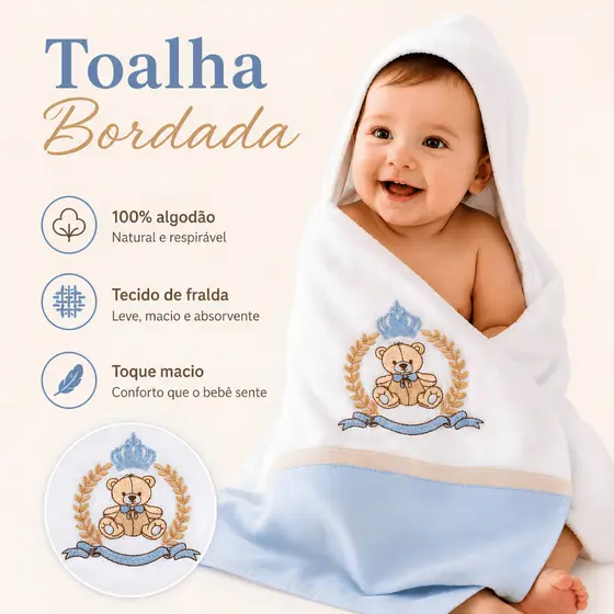 Toalha Fralda de Banho Luxo Tecido Duplo 100% Algodão Bordada 70x110cm Super Absorvente Bebê Menino Menina
