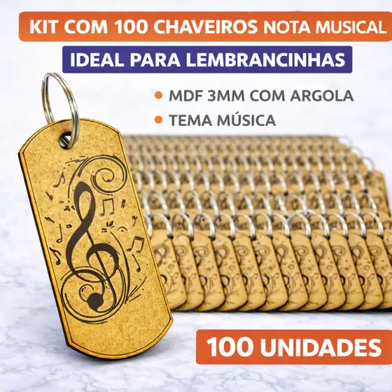 Kit 100 Chaveiros Nota Musical MDF Lembrancinha Tema Música Tags Clave De Sol Brinde Festa Evento