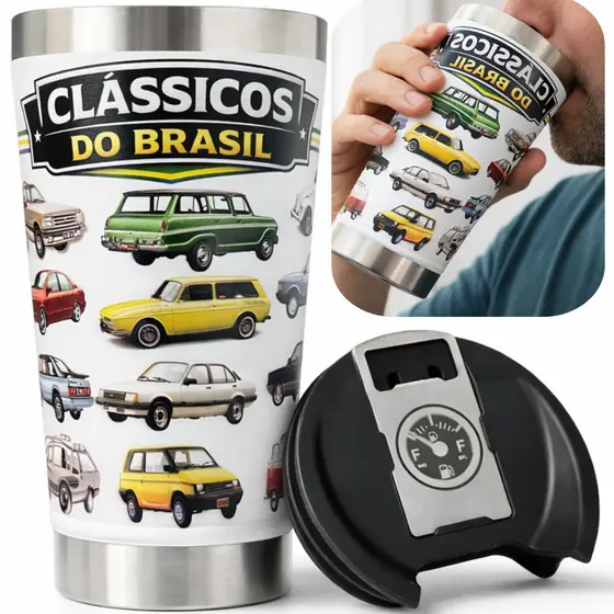 Copo Termico 500ml Carros Classicos Brasil Aco Inox Tematico Bebida Gelada Premium Original Top