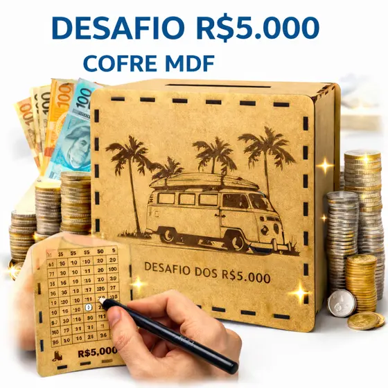 Cofre Desafio 5 Mil Mdf Caixa De Dinheiro Cofrinho Moedas Dinheiro Madeira Método Japonês Poupança