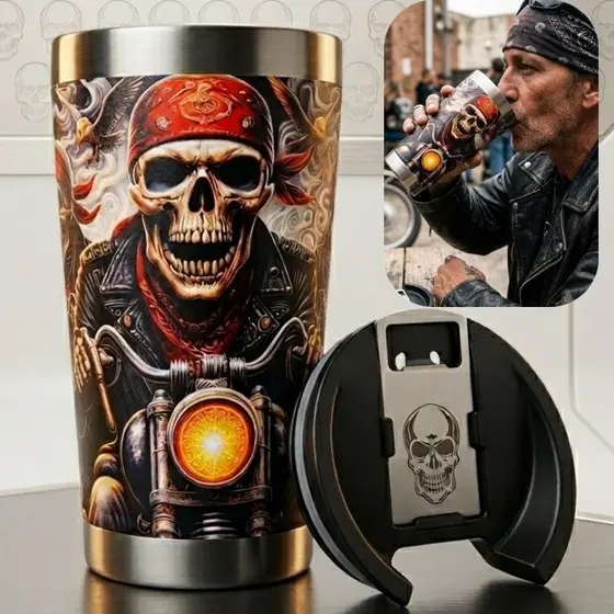 Copo Térmico 500ml Inox Caveira Moto Gravação UV 360 Tampa Abridor Presente Criativo Premium Top!