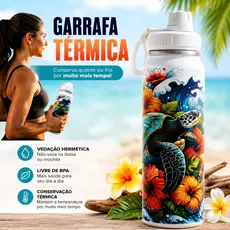 Garrafa Térmica 800ml Inox Tartaruga Marinha Gravação UV 360° Academia Parede Dupla Premium