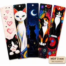 Kit 5 Marcadores de Página Madeira MDF 3mm Gatos Bookmark Livro Leitura Presente Criativo Resistente