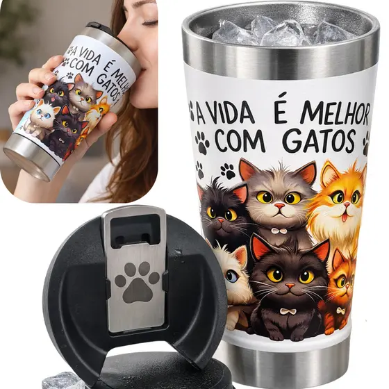 Copo Térmico Personalizado 360° Gatos 500 ml Qualidade Premium Gravado UV Presente Amantes de Gatos
