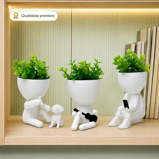 Kit 3 Mini Vasinhos com Planta artificial INCLUSA Bob Dog Robert para Lembrancinha Decoração decorativo Casa de plástico