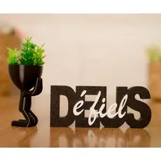 Vaso Deus Fiel Decorativo com Flor Artificial + Letreiro Decorativo Planta Artificial Decoração Sala Rack Decor Mesa Kit