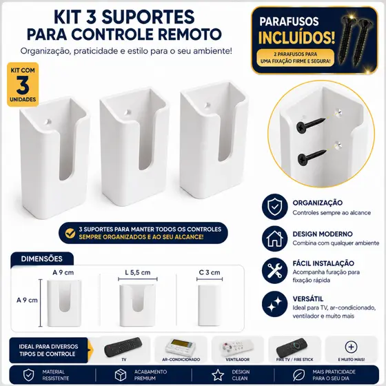 Kit 3 peças Suporte de Parede para Controle Remoto Organizador de Controle para TV Ar-Condicionado e Ventilador