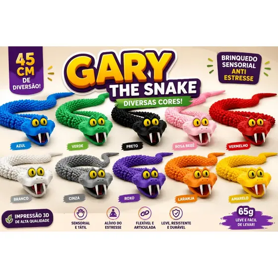 Cobra Divertida Sensorial Gary The Snake 45cm Flexível Articulada Brinquedo Antiestresse