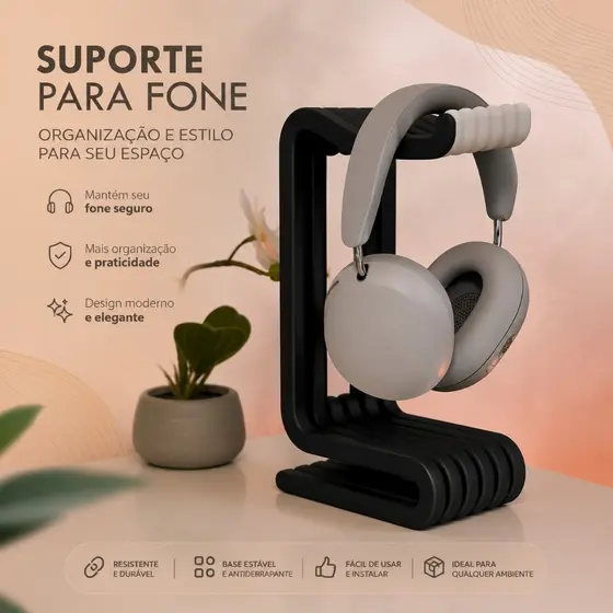 Suporte para Fone de Ouvido Headset Premium Organizador de Mesa Preto Branco Rosa Bebê