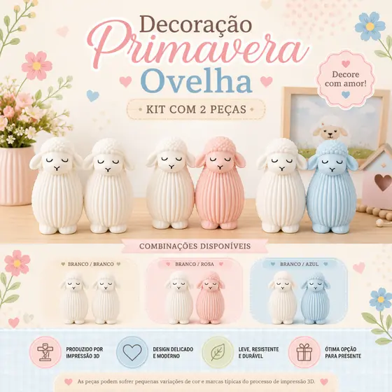 Kit Decoração Primavera Ovelha 2 Peças com 12cm