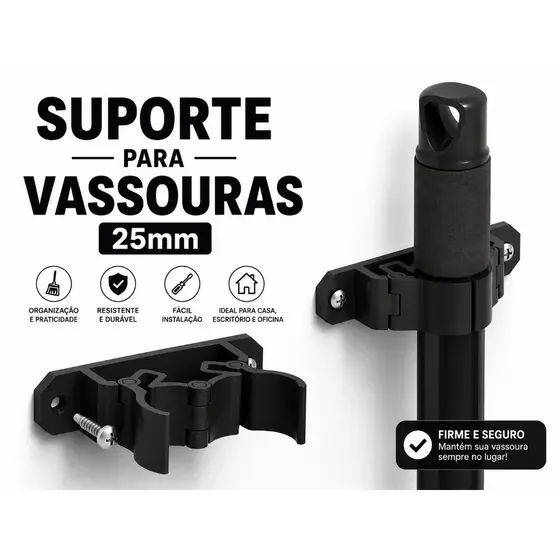 Kit 2 Suportes para Vassoura 25mm Organizador de Parede Porta Cabos