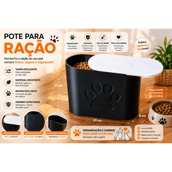 Pote para Ração Pet com Tampa Deslizante 2 Litros | Organizador para Ração de Cães e Gatos