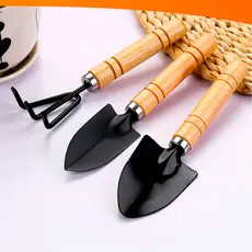 Kit 3 Peças Para Jardinagem Conjunto Mini Madeira Jardim Vaso Planta Horta Cultivo com Ancinho e Pá
