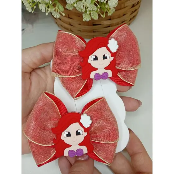 KIT 2 UNIDADES LAÇO PRINCESA ARIEL PEQUENA SEREIA VERMELHO ANTIDESLIZANTE