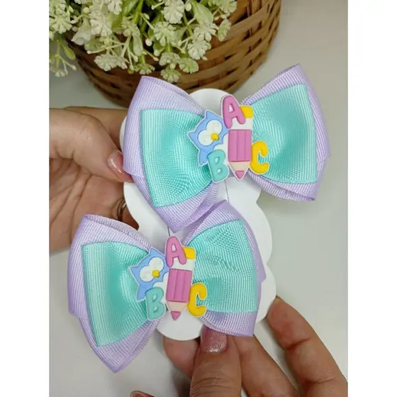 KIT 2 UNIDADES LAÇO INFANTIL ESCOLAR CORUJINHA LILAS E VERDE ÁGUA