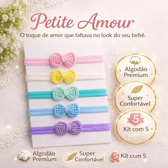 Kit 5 Faixas Bebê Laço Crochê Algodão Tiara Macia Infantil