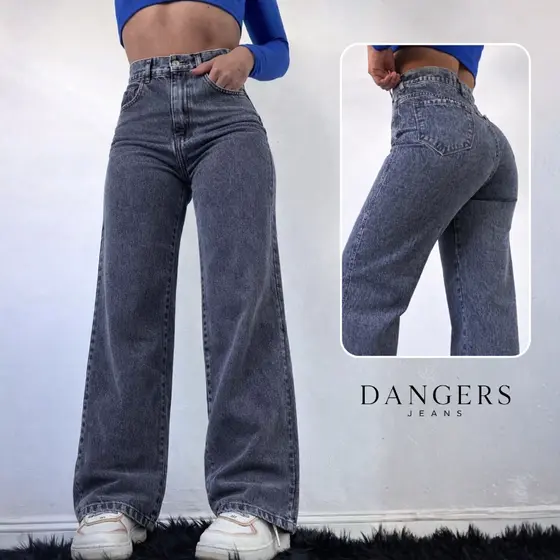 Cal莽a Jeans Feminina Wide Leg Cintura Alta 100% Algod茫o