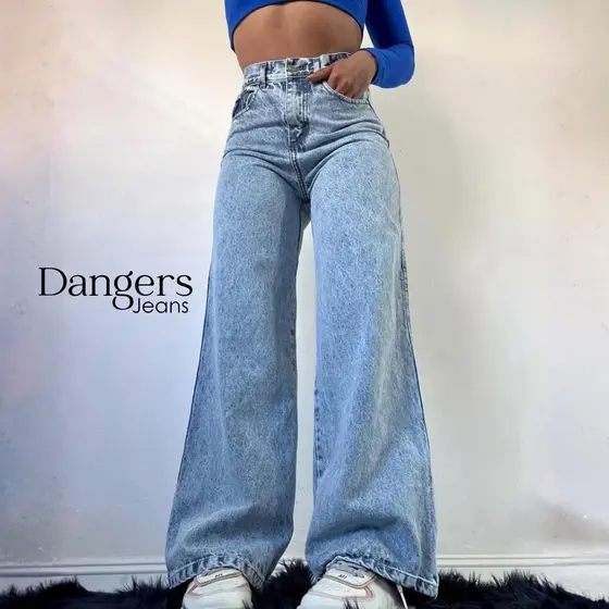 Calça Jeans Wide Leg Feminina Marmorizada Cintura Alta 100% Algodão Sem Lycra