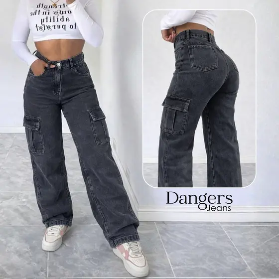 Calça Wide Leg Jeans Feminina Marmorizada CARGO Cintura Alta Sem Lycra