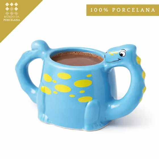 Caneca Dinossauro Porcelana 250ml Infantil Azul Rosa Laranja Verde Duas Alças Anatômicas