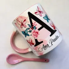 Caneca de Cerâmica Personalizada Inicial com Nome com colher