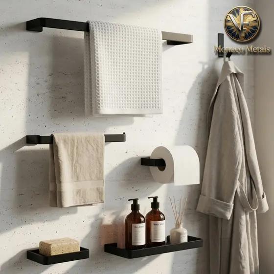 Kit Acessórios Para Banheiro Kit banheiro preto Aço Inox Saboneteira Porta Toalha Parede Preto