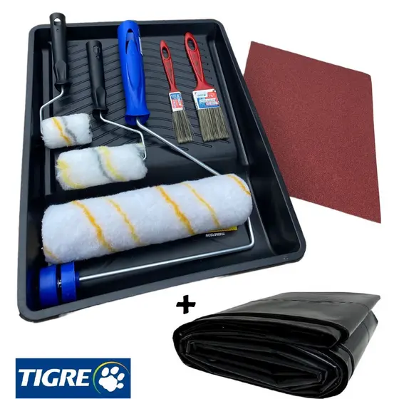 Kit Pintura De Parede Rolo Lã Com Lixa E Pincel + Lona C/ 13 Peças